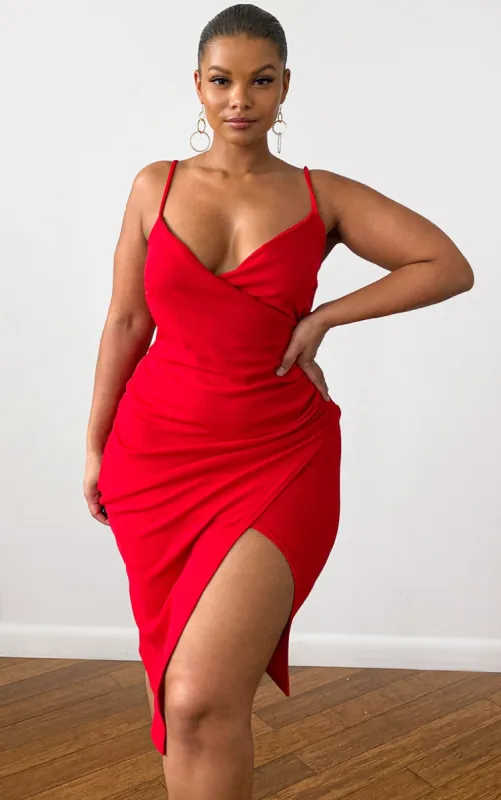 Plus Lauriell Red Wrap Front Crepe Midi Dress sold by Pretty Little Thing