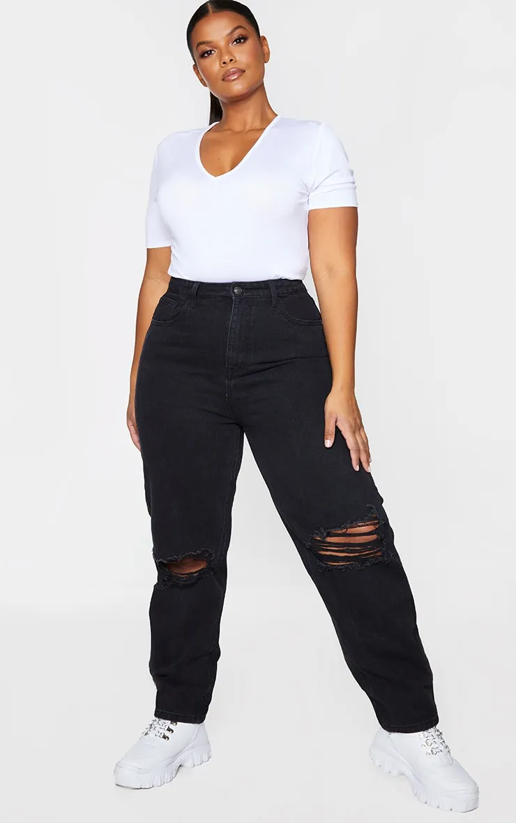 PRETTYLITTLETHING Plus Washed Black Knee Rip Mom Jeans sold by Pretty Little Thing