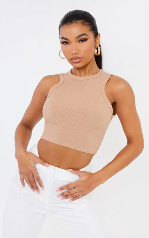 Oatmeal Rib Racer Neck Vest sold by Pretty Little Thing