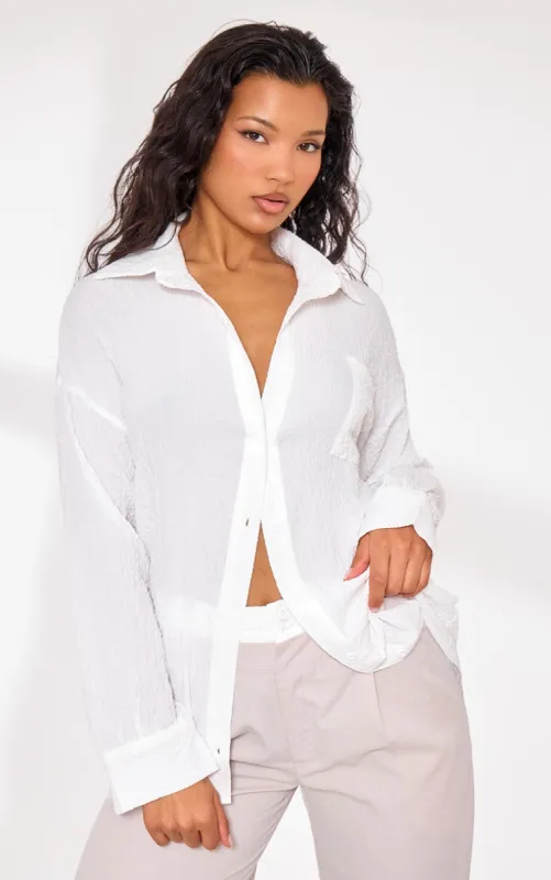 White Textured Pocket Front Oversized Shirt sold by Pretty Little Thing