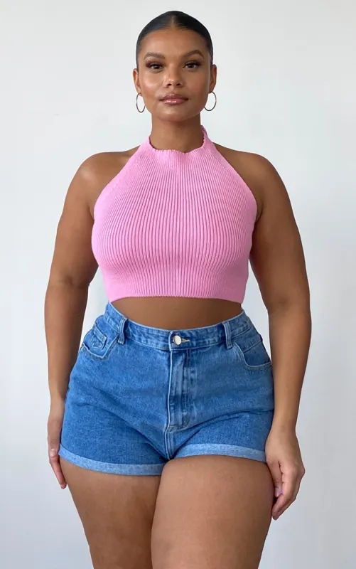 Plus Pink Knitted Halterneck Crop Top sold by Pretty Little Thing
