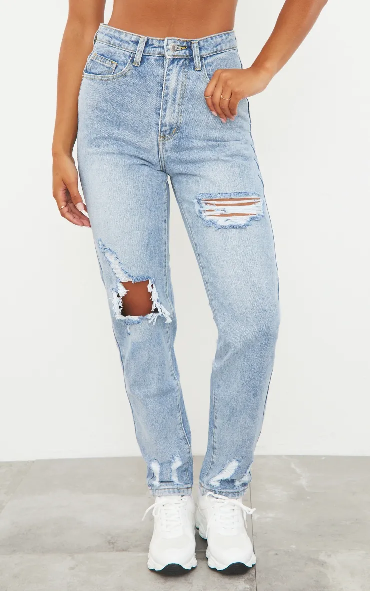 PRETTYLITTLETHING Light Blue Wash Open Knee Ripped Hem Mom Jeans sold by Pretty Little Thing product image thumbnail 2