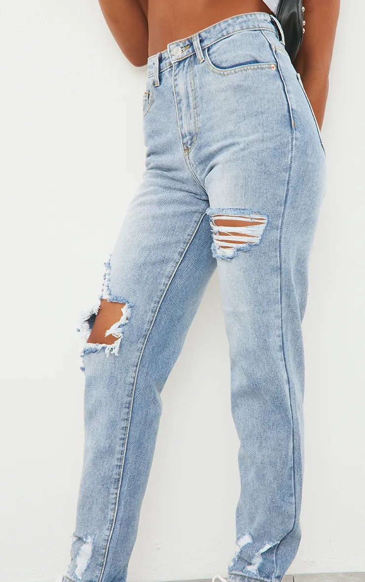 PRETTYLITTLETHING Light Blue Wash Open Knee Ripped Hem Mom Jeans sold by Pretty Little Thing product image thumbnail 4