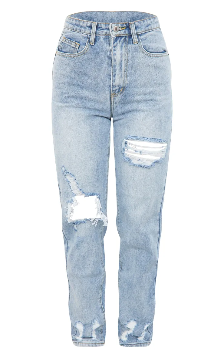 PRETTYLITTLETHING Light Blue Wash Open Knee Ripped Hem Mom Jeans sold by Pretty Little Thing product image thumbnail 5