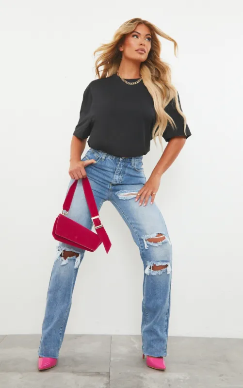 PRETTYLITTLETHING Mid Blue Wash Ripped Long Leg Straight Jeans sold by Pretty Little Thing