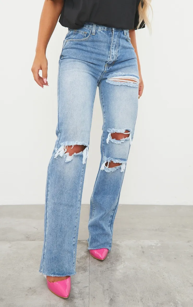 PRETTYLITTLETHING Mid Blue Wash Ripped Long Leg Straight Jeans sold by Pretty Little Thing product image thumbnail 2
