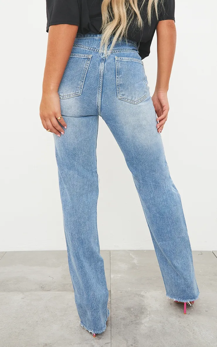 PRETTYLITTLETHING Mid Blue Wash Ripped Long Leg Straight Jeans sold by Pretty Little Thing product image thumbnail 3