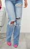 PRETTYLITTLETHING Mid Blue Wash Ripped Long Leg Straight Jeans sold by Pretty Little Thing