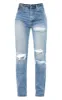 PRETTYLITTLETHING Mid Blue Wash Ripped Long Leg Straight Jeans sold by Pretty Little Thing
