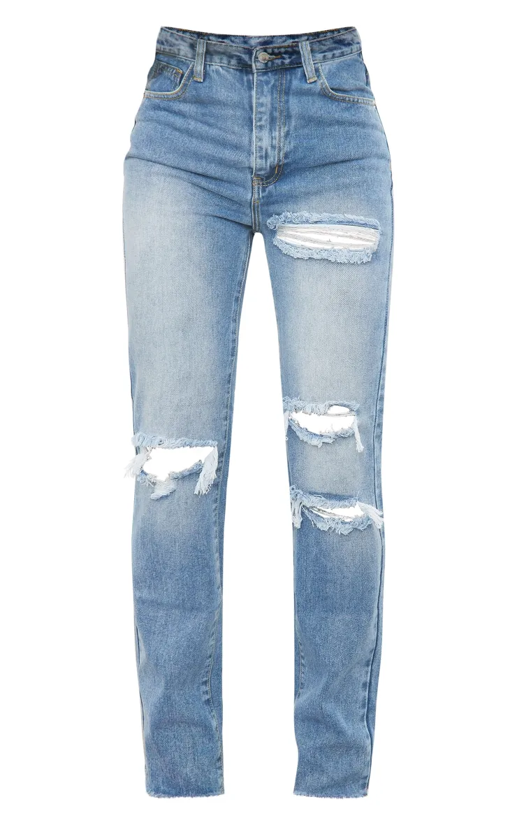 PRETTYLITTLETHING Mid Blue Wash Ripped Long Leg Straight Jeans sold by Pretty Little Thing product image thumbnail 5