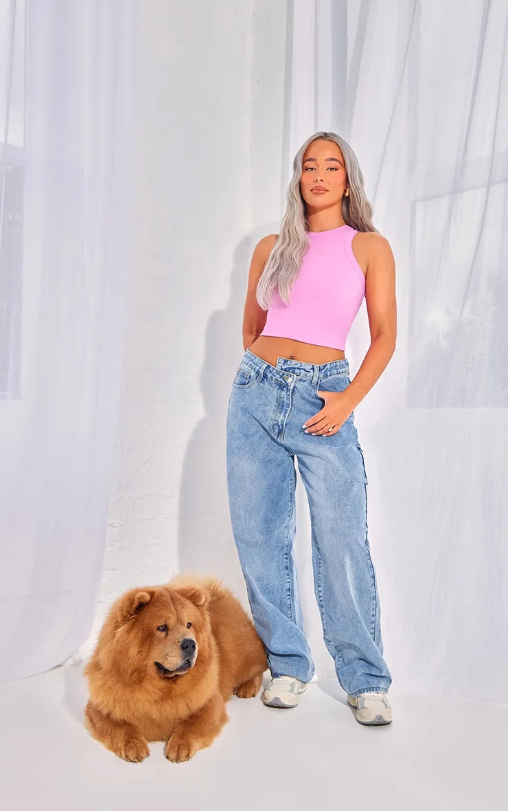 Light Blue Wash Asymmetric Waistband Baggy Low Rise Thigh Split Boyfriend Jeans sold by Pretty Little Thing