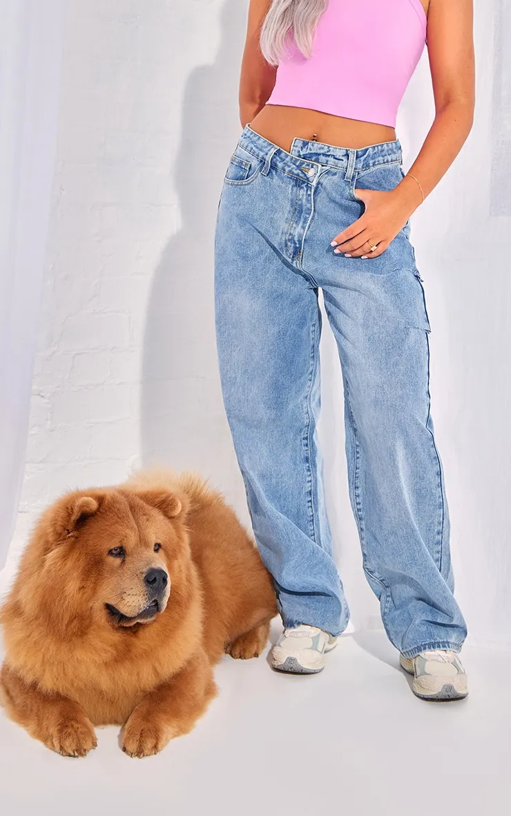 Light Blue Wash Asymmetric Waistband Baggy Low Rise Thigh Split Boyfriend Jeans sold by Pretty Little Thing product image thumbnail 2