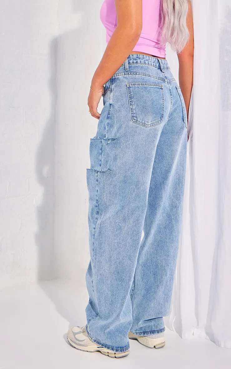 Light Blue Wash Asymmetric Waistband Baggy Low Rise Thigh Split Boyfriend Jeans sold by Pretty Little Thing product image thumbnail 3