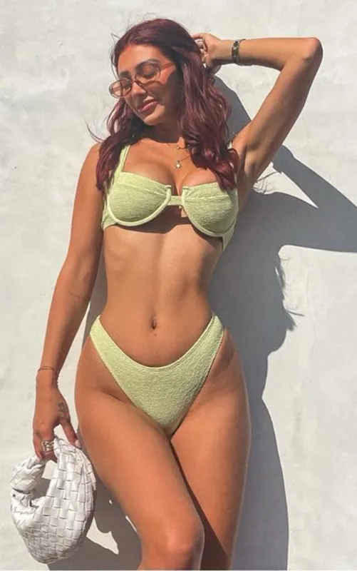 Sage Green Mini Crinkle Cheeky Bum Bikini Bottoms sold by Pretty Little Thing