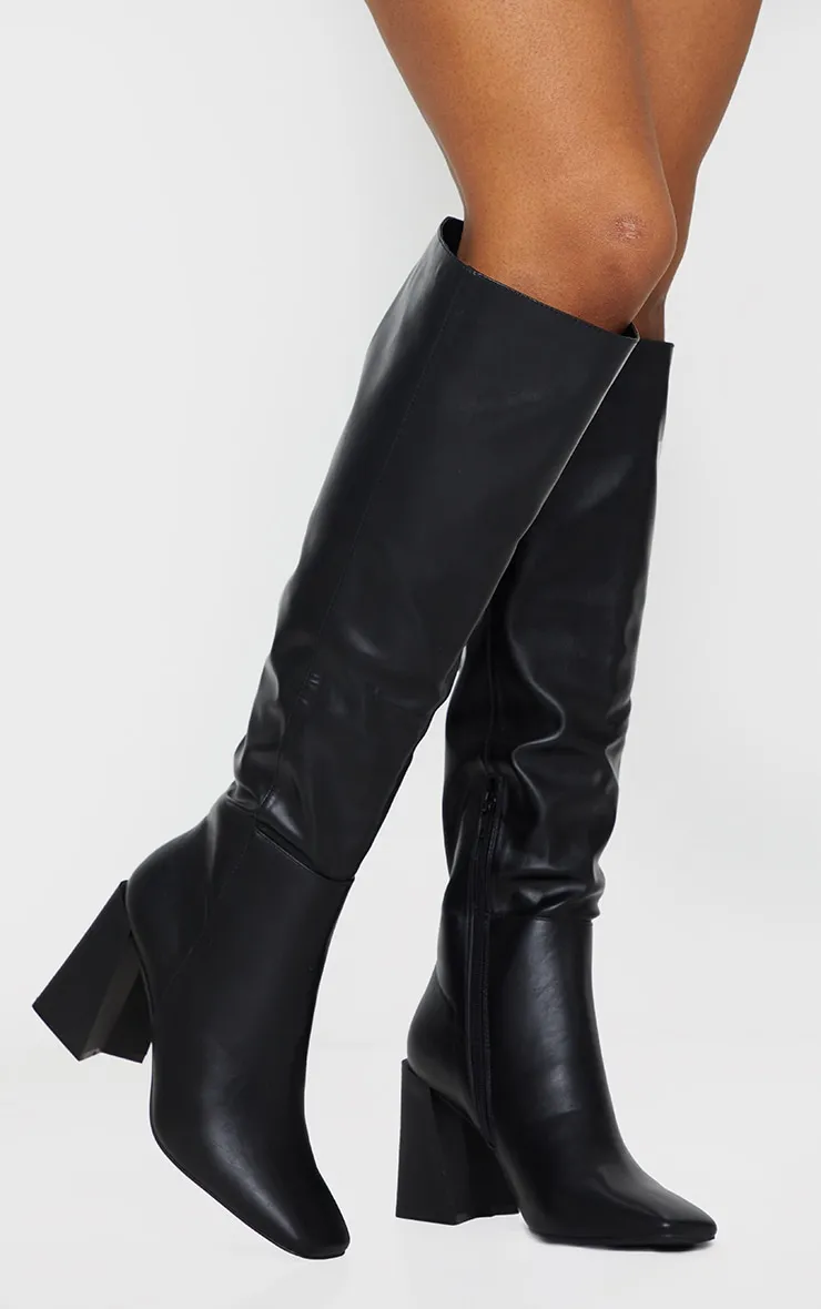 Black PU Flare Block Heel Square Toe Knee High Boots sold by Pretty Little Thing product image thumbnail 2