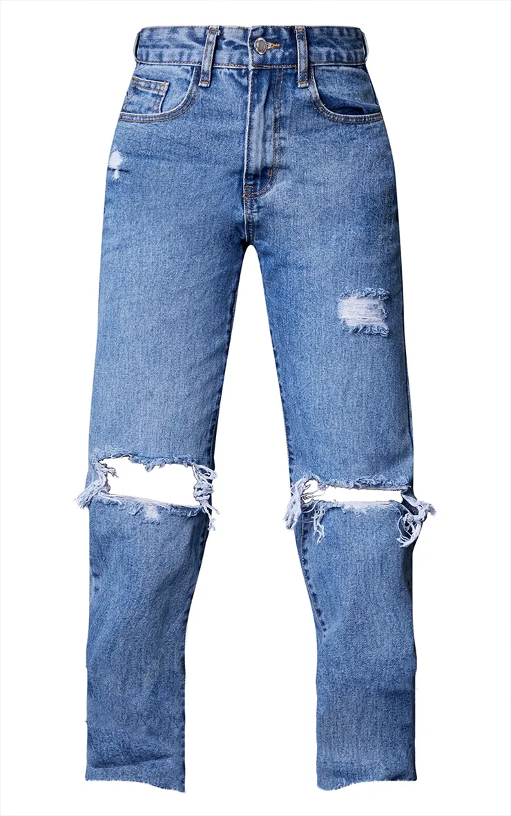 Mid Blue Wash Knee Rip Mom Jeans PRETTYLITTLETHING Petite
