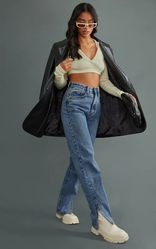 Petite Mid Blue Wash Split Hem Jeans sold by Pretty Little Thing