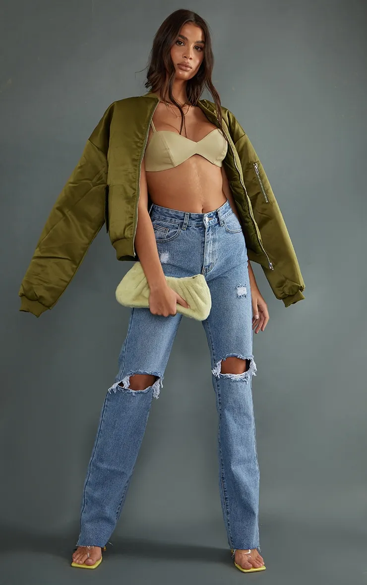 PRETTYLITTLETHING Tall Mid Blue Wash Ripped Long Leg Mid Rise Straight Jeans sold by Pretty Little Thing