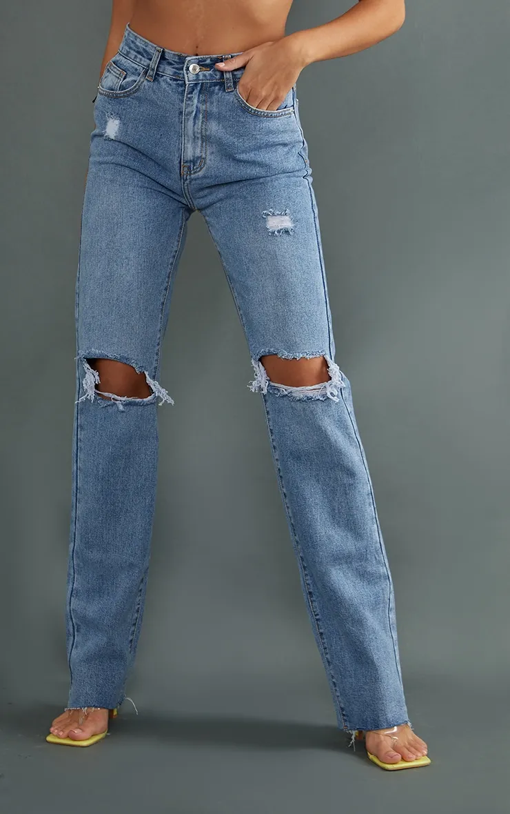 PRETTYLITTLETHING Tall Mid Blue Wash Ripped Long Leg Mid Rise Straight Jeans sold by Pretty Little Thing product image thumbnail 2