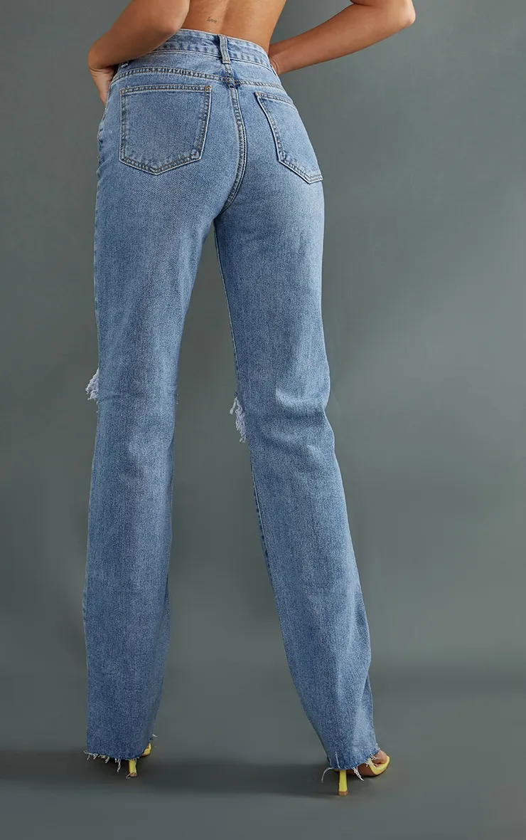 PRETTYLITTLETHING Tall Mid Blue Wash Ripped Long Leg Mid Rise Straight Jeans sold by Pretty Little Thing product image thumbnail 3
