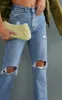 PRETTYLITTLETHING Tall Mid Blue Wash Ripped Long Leg Mid Rise Straight Jeans sold by Pretty Little Thing