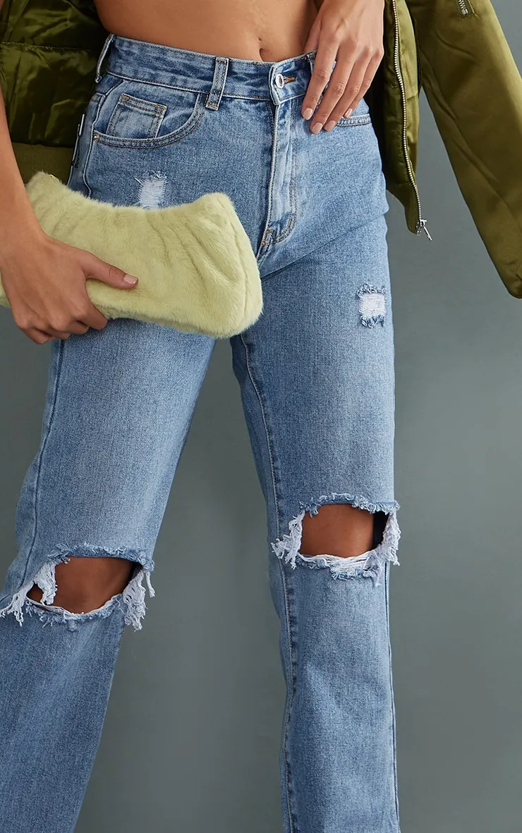 PRETTYLITTLETHING Tall Mid Blue Wash Ripped Long Leg Mid Rise Straight Jeans sold by Pretty Little Thing product image thumbnail 4