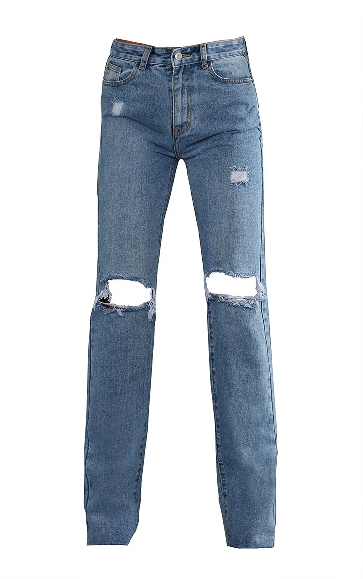 PRETTYLITTLETHING Tall Mid Blue Wash Ripped Long Leg Mid Rise Straight Jeans sold by Pretty Little Thing product image thumbnail 5