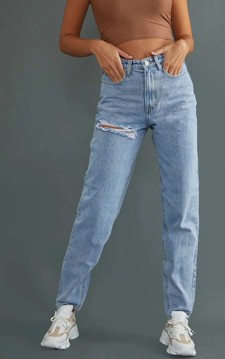 PRETTYLITTLETHING Tall Light Blue Wash Thigh Ripped High Waist Mom Jeans sold by Pretty Little Thing product image thumbnail 2