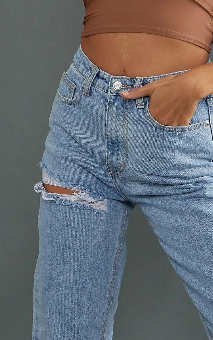 PRETTYLITTLETHING Tall Light Blue Wash Thigh Ripped High Waist Mom Jeans sold by Pretty Little Thing product image thumbnail 4
