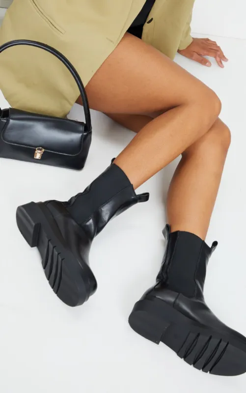 Black Calf High Chunky Chelsea Boot sold by Pretty Little Thing