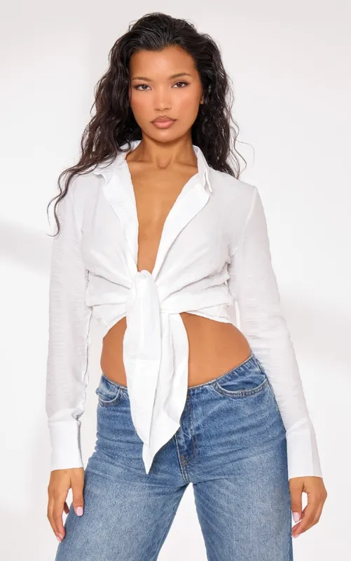 White Textured Tie Front Shirt sold by Pretty Little Thing
