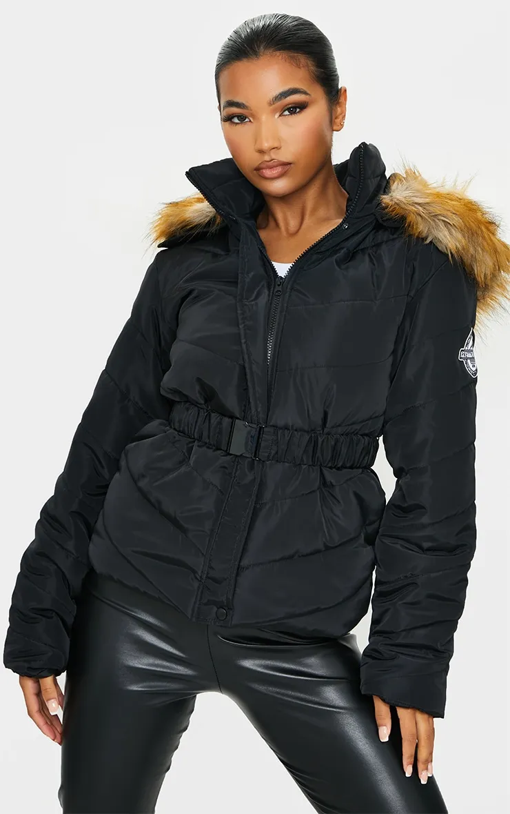 PRETTYLITTLETHING Black Belted Faux Fur Hooded Quilted Parka Coat sold by Pretty Little Thing