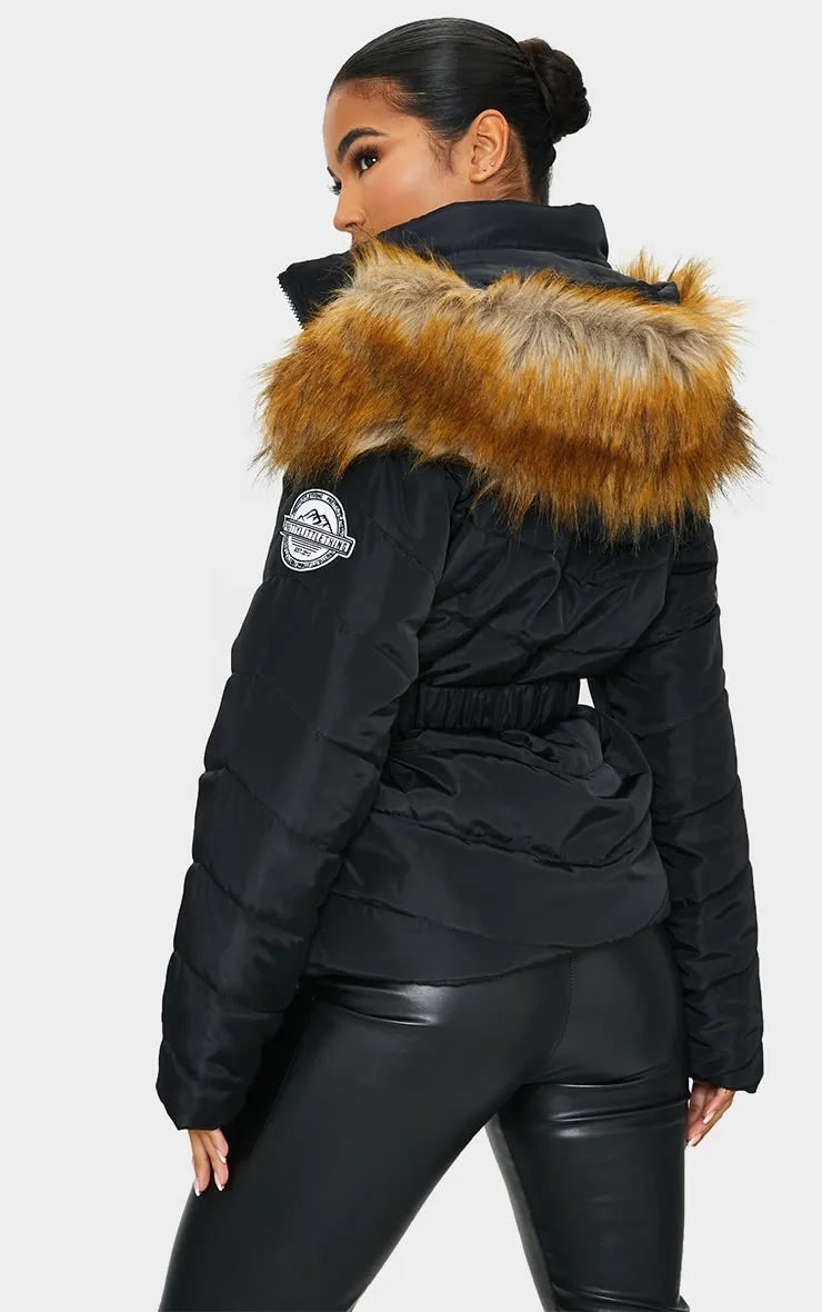 PRETTYLITTLETHING Black Belted Faux Fur Hooded Quilted Parka Coat sold by Pretty Little Thing product image thumbnail 2
