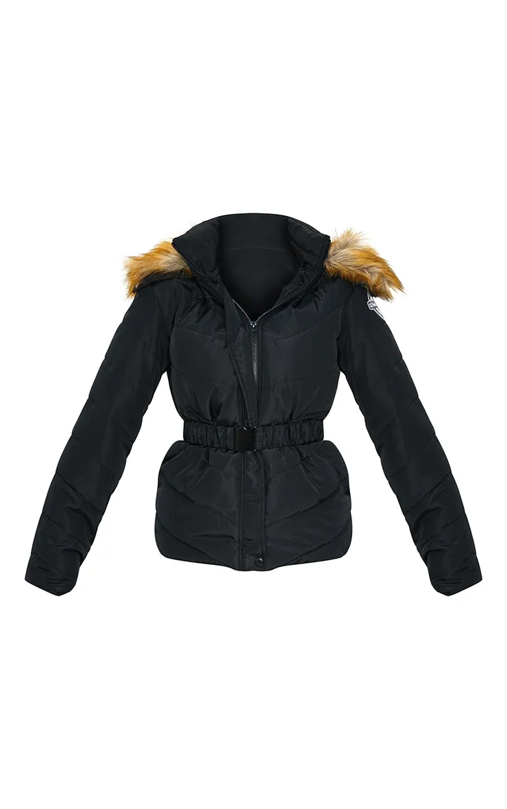 PRETTYLITTLETHING Black Belted Faux Fur Hooded Quilted Parka Coat sold by Pretty Little Thing product image thumbnail 5