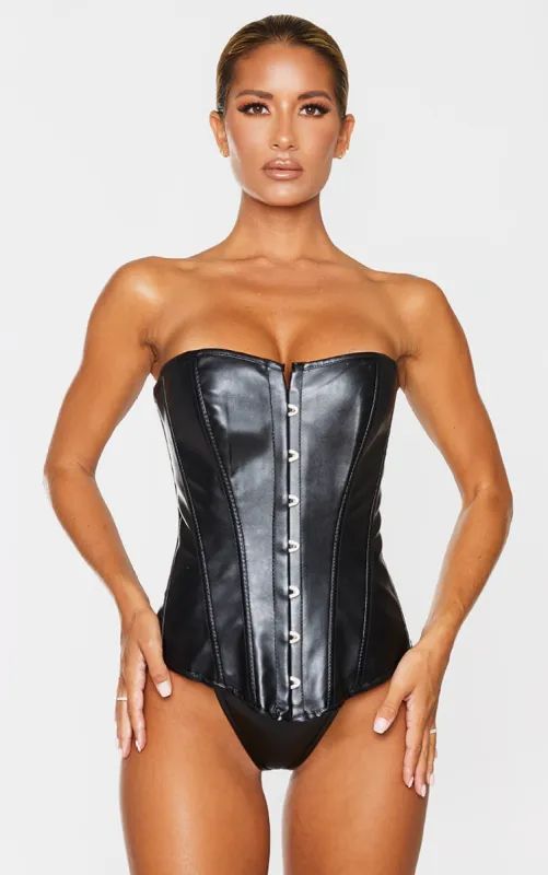 Black Faux Leather Front Hook & Eye Corset Set sold by Pretty Little Thing