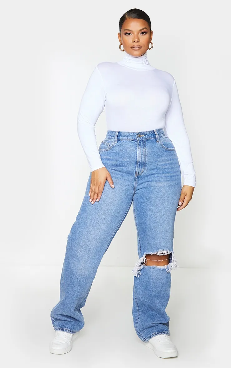 Plus Light Blue Wash Open Knee Long Leg Straight Leg Jeans sold by Pretty Little Thing