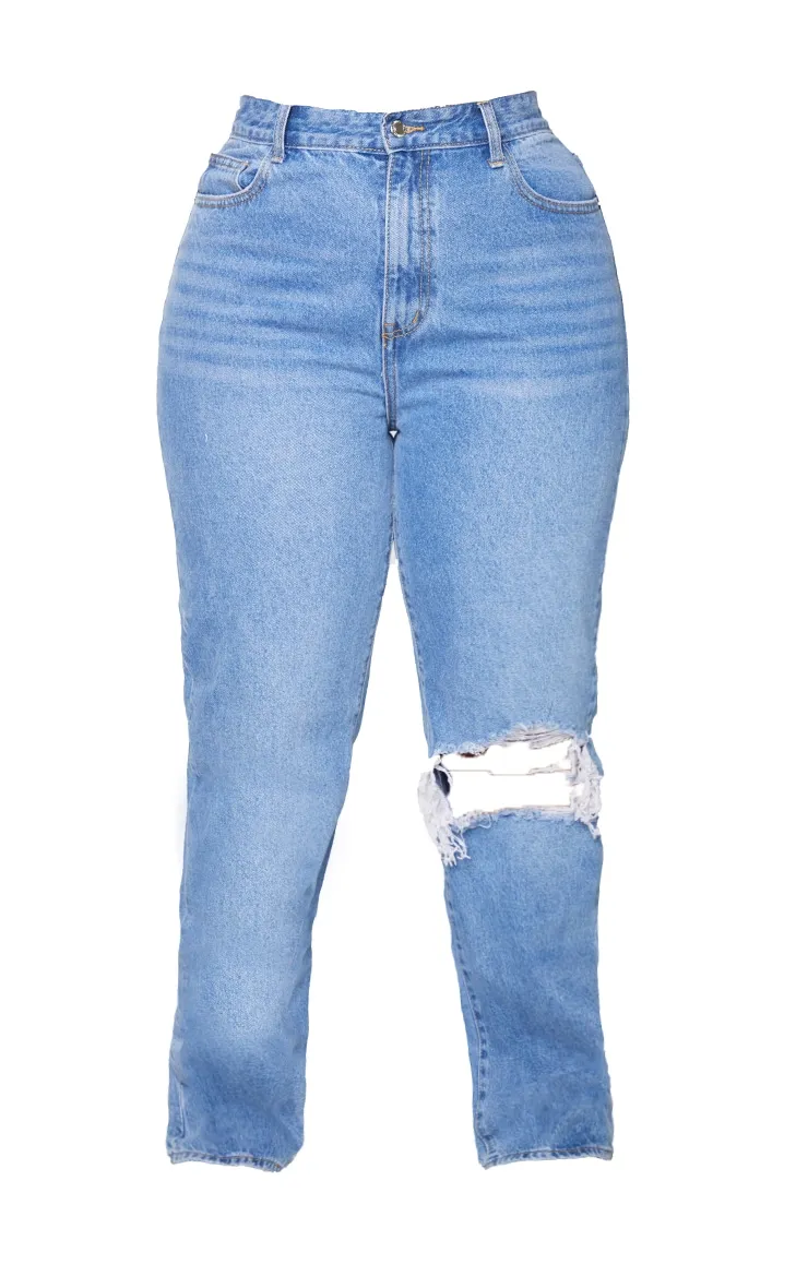 Plus Light Blue Wash Open Knee Long Leg Straight Leg Jeans sold by Pretty Little Thing product image thumbnail 5