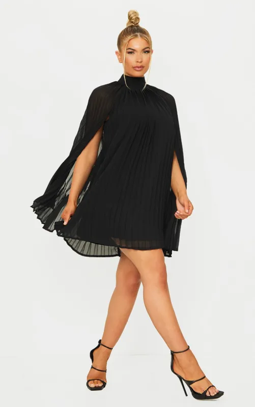 Black Pleated Cape High Neck Shift Dress sold by Pretty Little Thing