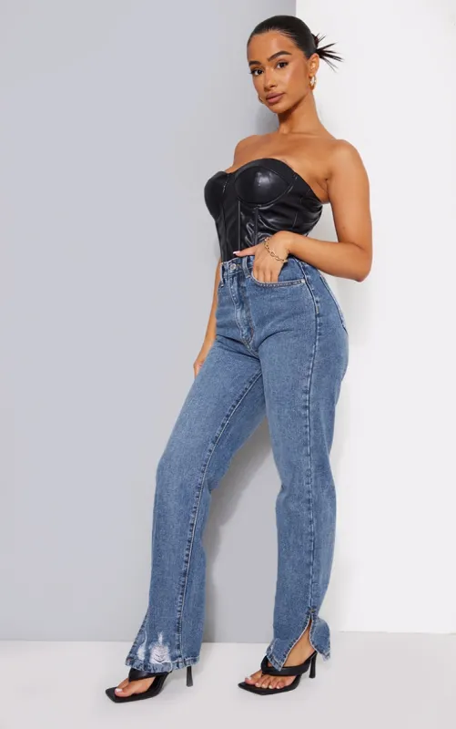 Petite Mid Blue Wash Ripped Split Hem Straight Leg Jeans sold by Pretty Little Thing