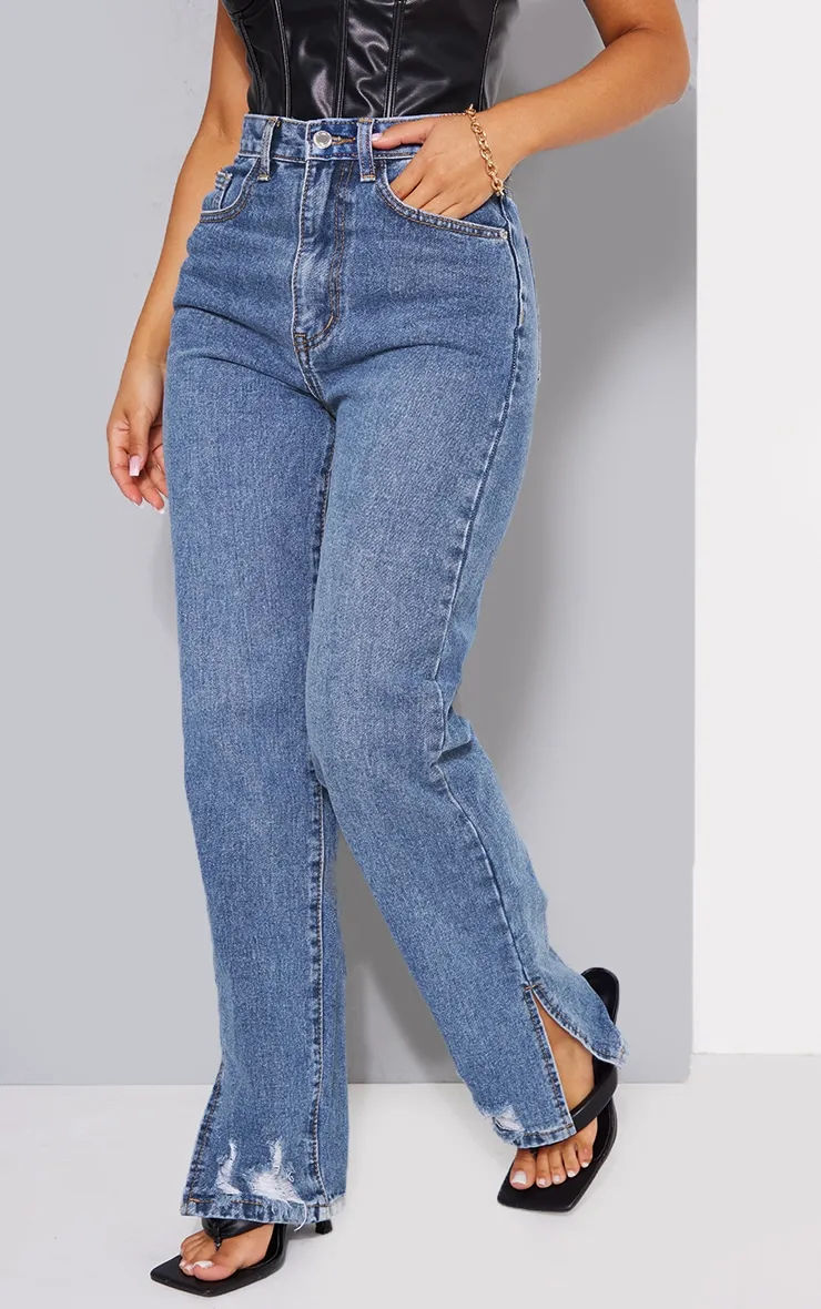 Petite Mid Blue Wash Ripped Split Hem Straight Leg Jeans sold by Pretty Little Thing product image thumbnail 2