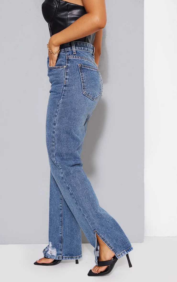 Petite Mid Blue Wash Ripped Split Hem Straight Leg Jeans sold by Pretty Little Thing product image thumbnail 3