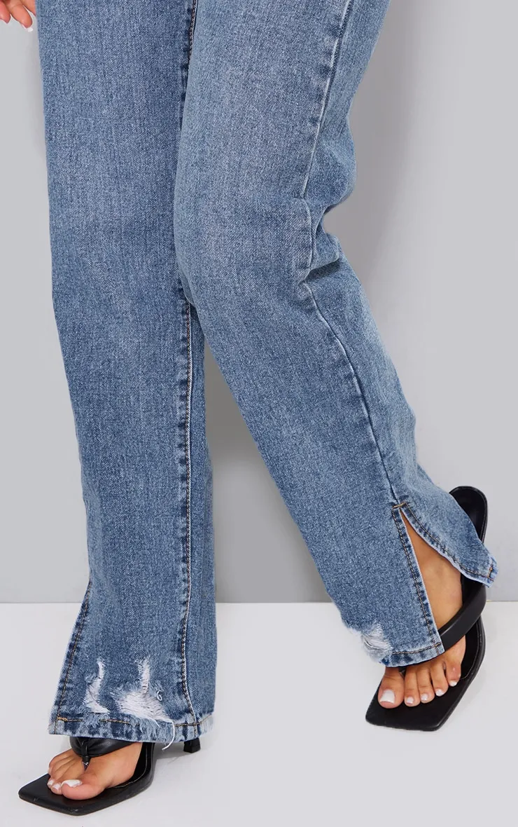 Petite Mid Blue Wash Ripped Split Hem Straight Leg Jeans sold by Pretty Little Thing product image thumbnail 4