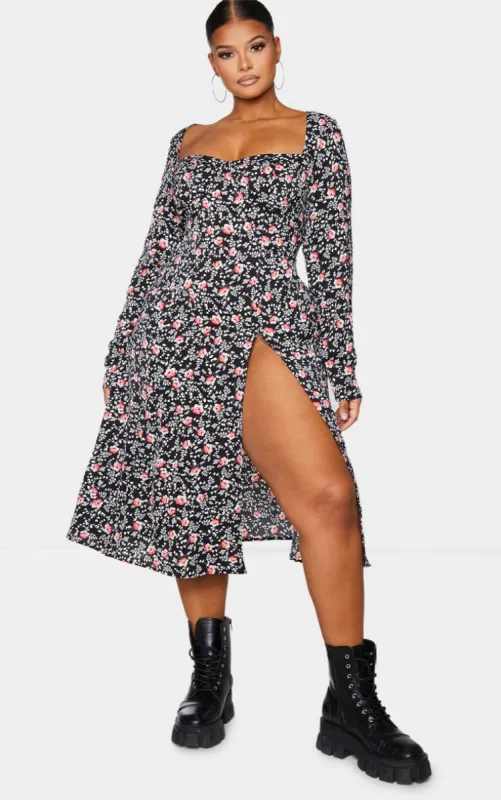 Plus Black Floral Print Cupped Split Detail Midi Dress sold by Pretty Little Thing