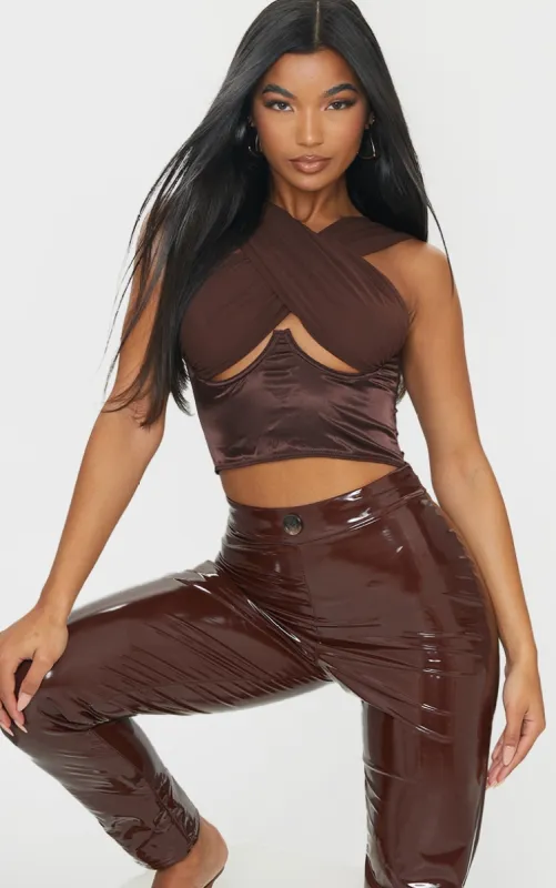 Brown Satin Underbust Halterneck Chiffon Strap Corset sold by Pretty Little Thing