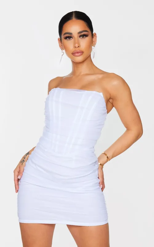 Shape White Mesh Corset Detail Ruched Bodycon Dress sold by Pretty Little Thing
