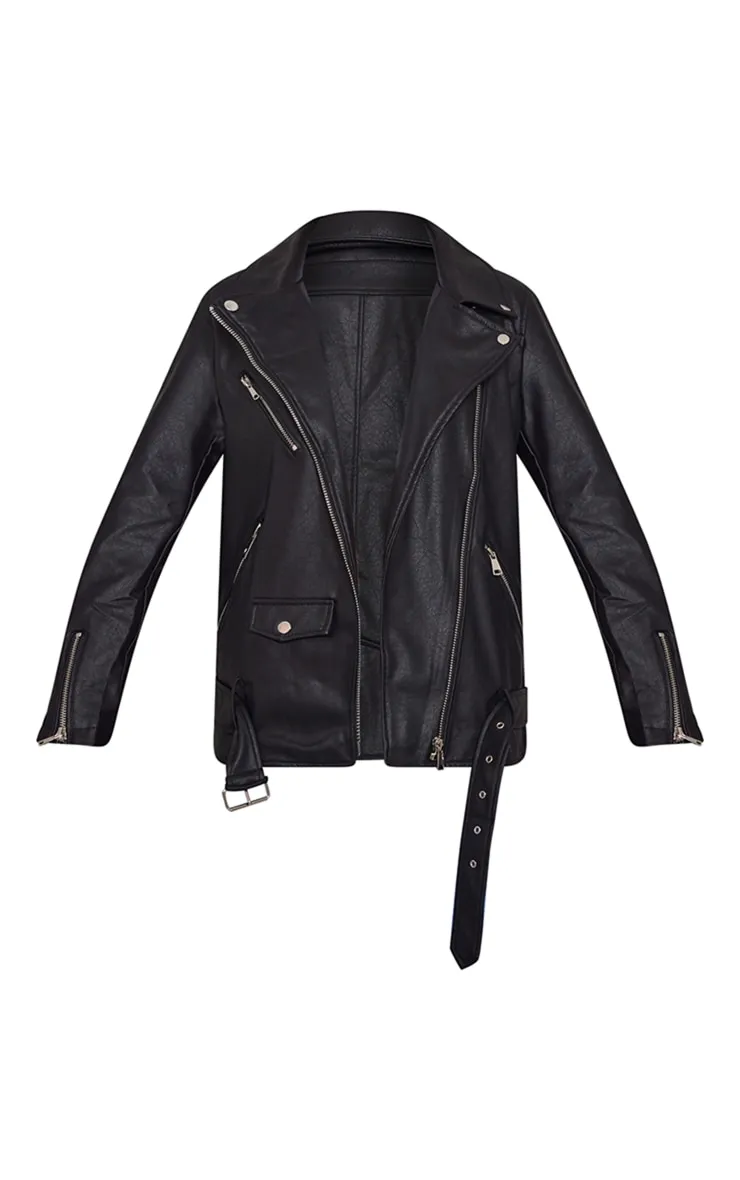 Black Faux Leather Longline Belted Biker Jacket sold by Pretty Little Thing product image thumbnail 5