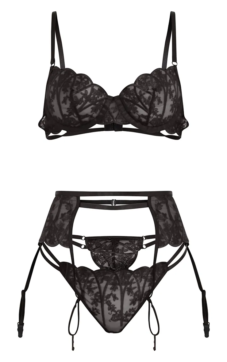 Black Embroidered Underwired Mesh 3 Piece Lingerie Set sold by Pretty Little Thing product image thumbnail 5