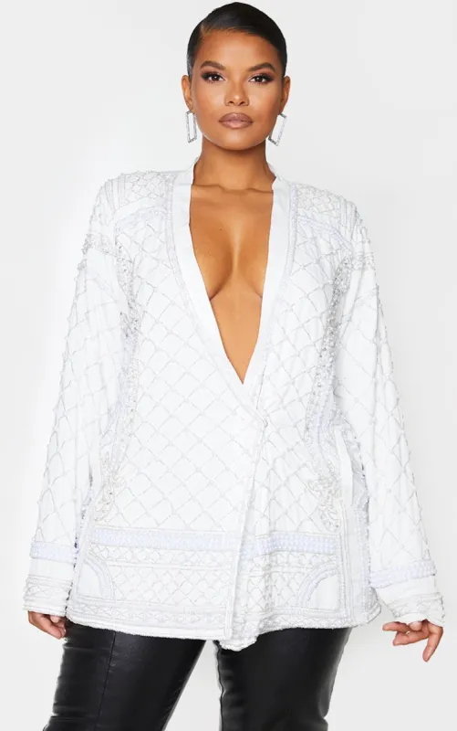 Plus White Premium Embellished Beaded Oversized Blazer sold by Pretty Little Thing