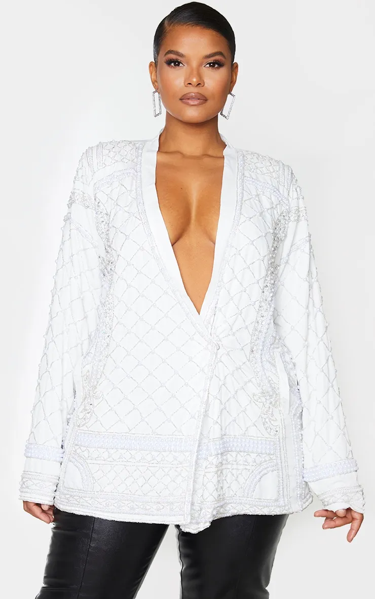 Plus White Premium Embellished Beaded Oversized Blazer sold by Pretty Little Thing