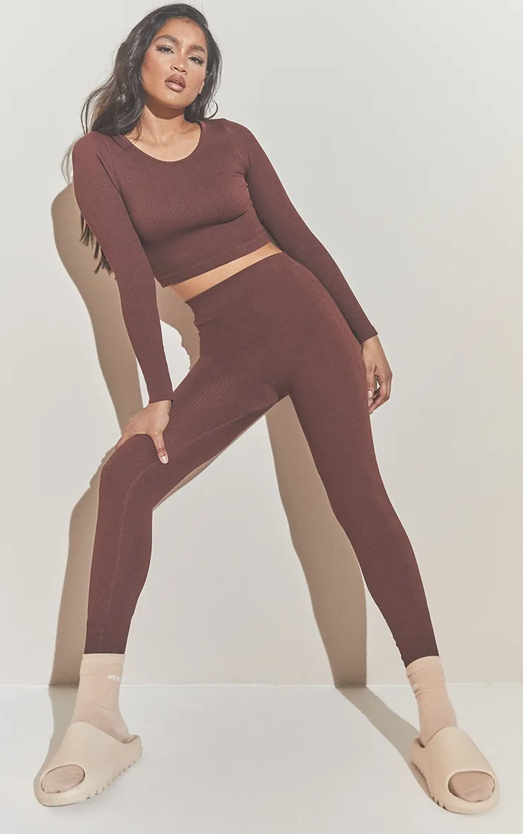 Chocolate Structured Contour Rib Leggings sold by Pretty Little Thing